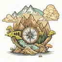 a compass, scooby doo, snoopy, mountain water scene tattoo design idea