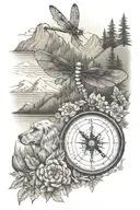 Dragonfly, compass, cocker spaniel, mountain lake scene, bingo ball tattoo design idea