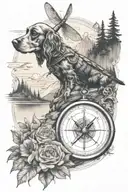 Dragonfly, compass, cocker spaniel, mountain lake scene, bingo ball tattoo design idea