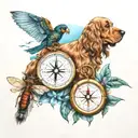 compass, water mountain scene, cocker spaniel, 3 dragonflies tattoo design idea