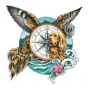compass, water mountain scene, cocker spaniel, 3 dragonflies tattoo design idea