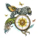 compass, water mountain scene, cocker spaniel, 3 dragonflies tattoo design idea