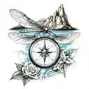 a compass, 3 dragonflies, mountain water scene tattoo design idea