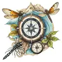 a compass, 3 dragonflies, mountain water scene tattoo design idea