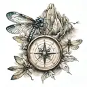 a compass, 3 dragonflies, mountain water scene tattoo design idea