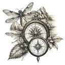 a compass, 3 dragonflies, mountain water scene tattoo design idea