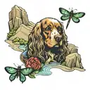 compas, water mountain scene, cocker spaniel, 3 dragon flies tattoo design idea