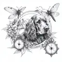 a compass, cocker spaniel, 3 dragonflies, mountain water scene tattoo design idea