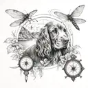 a compass, cocker spaniel, 3 dragonflies, mountain water scene tattoo design idea