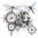 a compass, cocker spaniel, 3 dragonflies, mountain water scene tattoo design idea