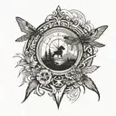 compass, water mountain scene, cocker spaniel, 3 dragonflies tattoo design idea