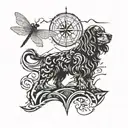 compass, water mountain scene, cocker spaniel, 3 dragonflies tattoo design idea