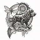 compass, water mountain scene, cocker spaniel, 3 dragonflies tattoo design idea