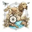 a compass, cocker spaniel, 3 dragonflies, mountain water scene tattoo design idea