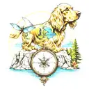 a compass, cocker spaniel, 3 dragonflies, mountain water scene tattoo design idea