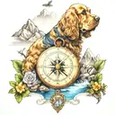 a compass, cocker spaniel, 3 dragonflies, mountain water scene tattoo design idea