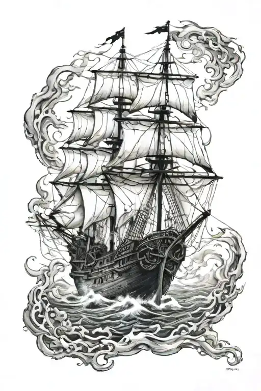 ghostly Pirate Ship tattoo design idea