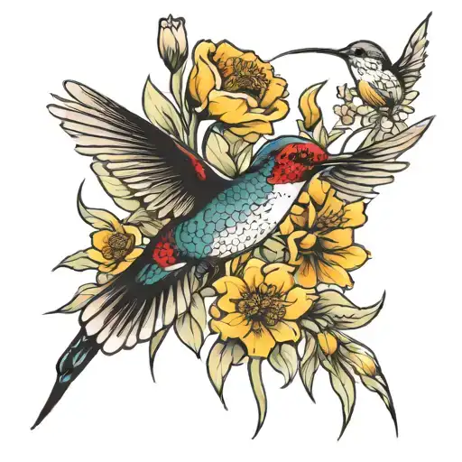 poppy flower and daffodil with humming bird flying tattoo design idea