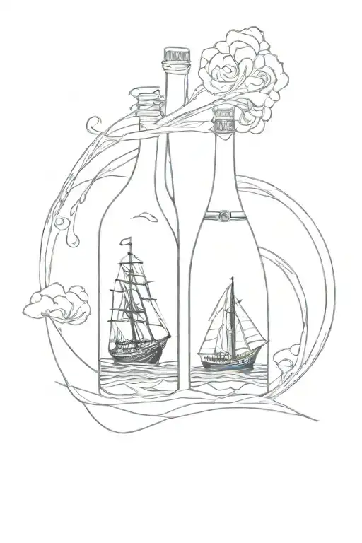 a bottle of Abrau Durso champagne, and in it a ship tattoo design idea