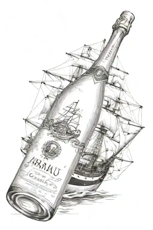 a bottle of Abrau Durso champagne, and in it a ship tattoo design idea
