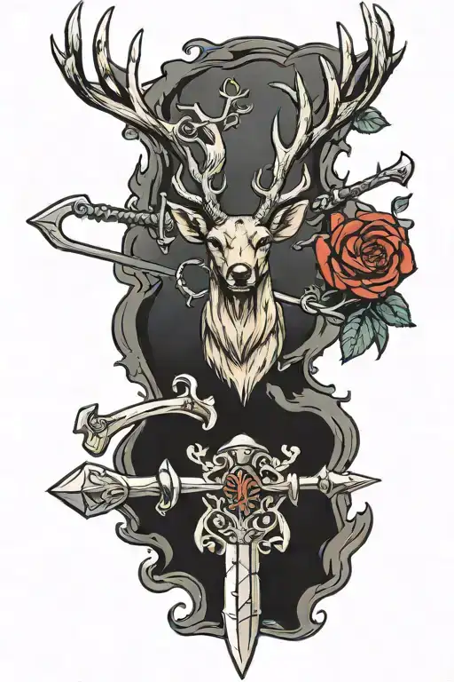 A sword set in stone with the hilt as deer antlers, a crown hanging off the handle, and two robins sitting on the hilt. tattoo design idea