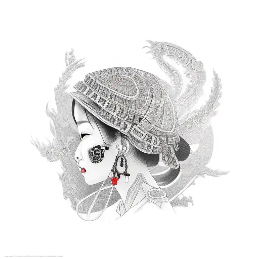 asian woman surrounded by money and skulls tattoo design idea