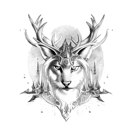 A magical creature, feline body , wolfish head, elk-like horns on head, black daggerlike claws and yellow fan tattoo design idea