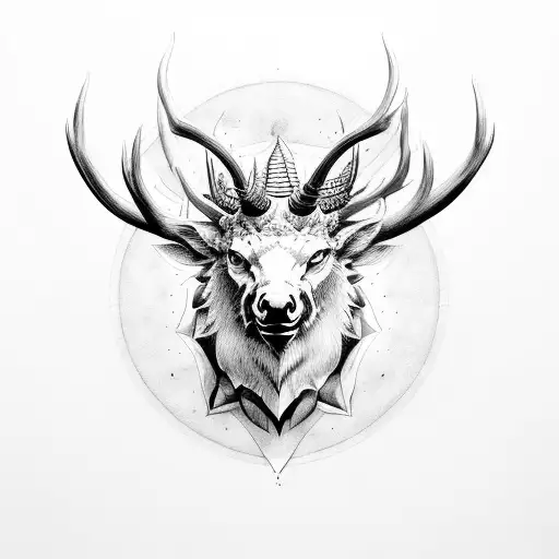 A magical creature, wolfish head, elk-like horns on head, black daggerlike claws and yellow fan full body tattoo design idea