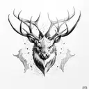 A magical creature, wolfish head, elk-like horns on head, black daggerlike claws and yellow fan full body tattoo design idea