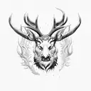 A magical creature, wolfish head, elk-like horns on head, black daggerlike claws and yellow fan full body tattoo design idea