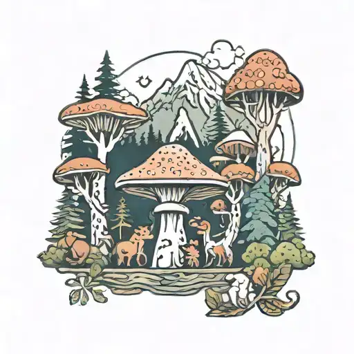 mushroom and forest animals with mountains tattoo tattoo design idea