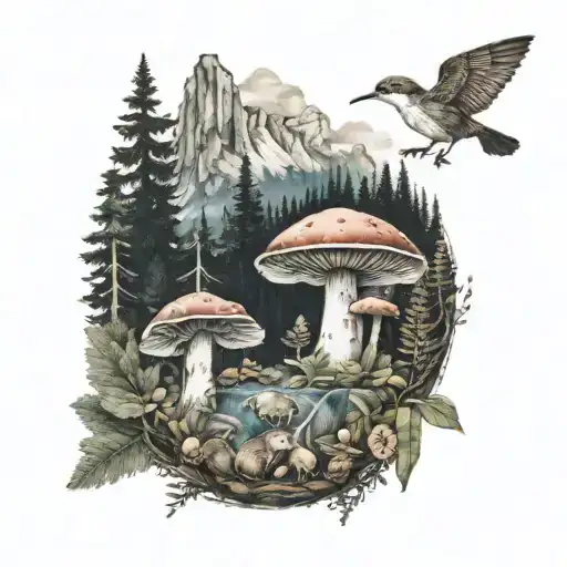 mushroom and forest animals with mountains tattoo tattoo design idea