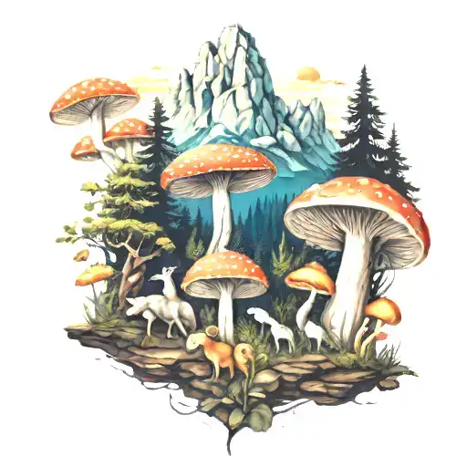 mushroom and forest animals with mountains tattoo tattoo design idea