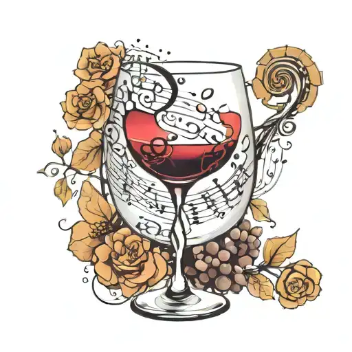 A wine glass filled with musical notes, symbolizing the client's love for wine and pop music tattoo design idea