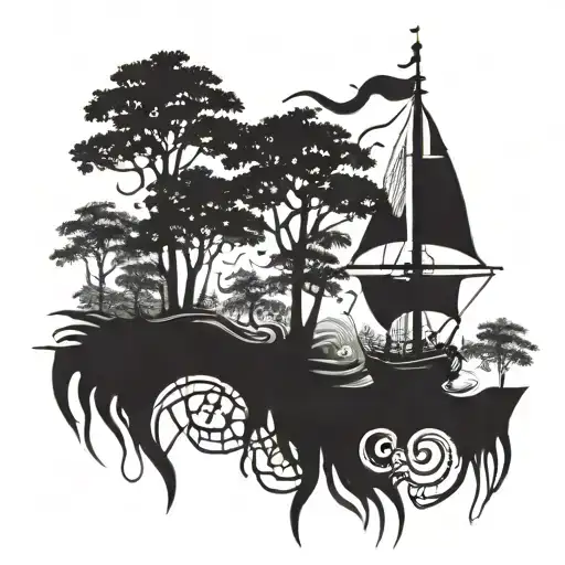 A mystical forest with pirate flag  tattoo design idea
