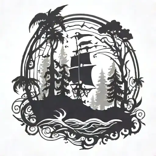 A mystical forest with pirate flag  tattoo design idea