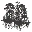 A mystical forest with pirate flag  tattoo design idea