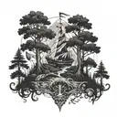 A mystical forest with pirate flag  tattoo design idea