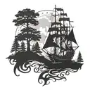 A mystical forest with pirate flag  tattoo design idea