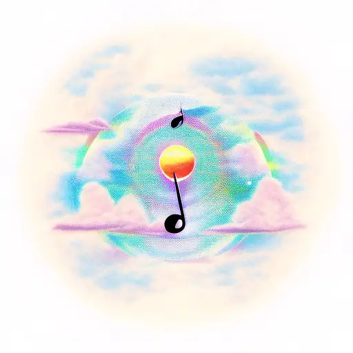 A sunset over a mountain range with musical notes floating in the sky tattoo design idea