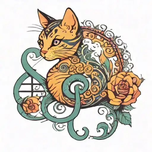 Colored tattoo: a cat in the form of a treble clef: the tail is the top of the clef,  tattoo design idea