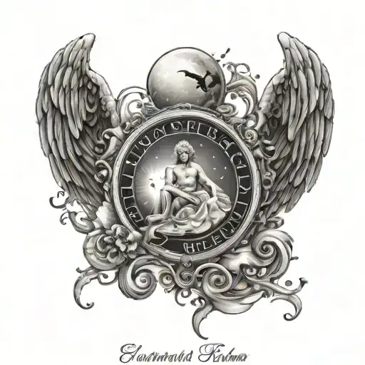 A celestial scene with your brother's name in elegant script surrounded by angelic figures tattoo design idea
