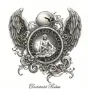 A celestial scene with your brother's name in elegant script surrounded by angelic figures tattoo design idea