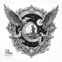 A celestial scene with your brother's name in elegant script surrounded by angelic figures tattoo design idea