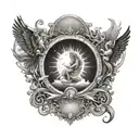 A celestial scene with your brother's name in elegant script surrounded by angelic figures tattoo design idea