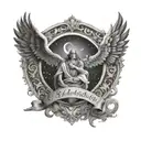 A celestial scene with your brother's name in elegant script surrounded by angelic figures tattoo design idea