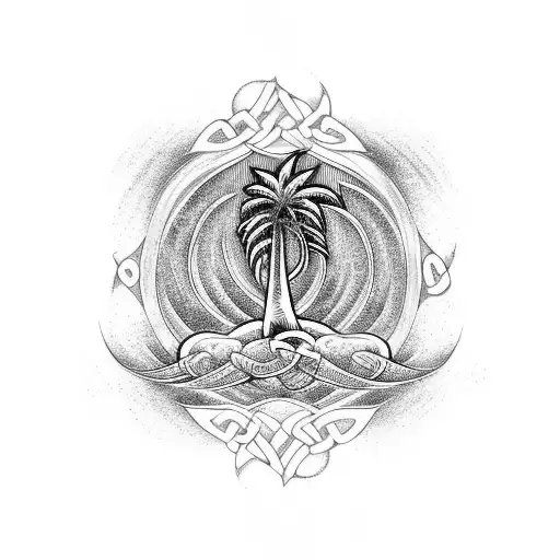 Palm Tree with celtic knots and ocean waves tattoo design idea