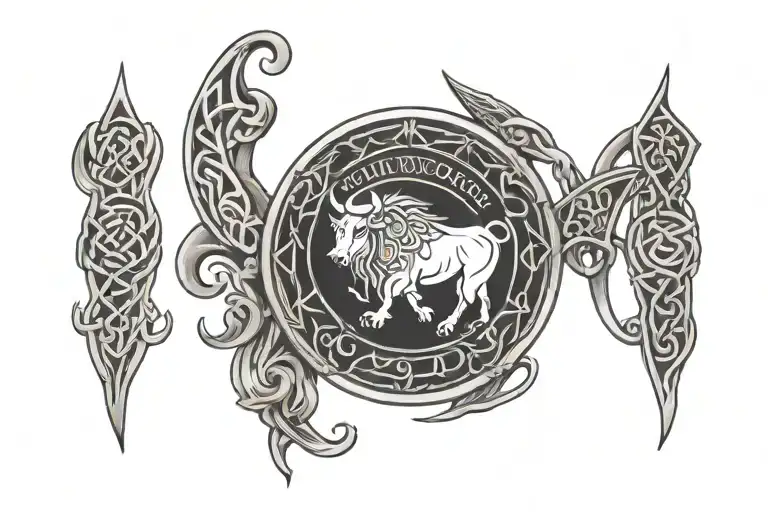 celtic arm band with taurus zodiac sign and dates 17-04-2018, 05-08-2020 and 12-02-2024 around the forearm tattoo design idea