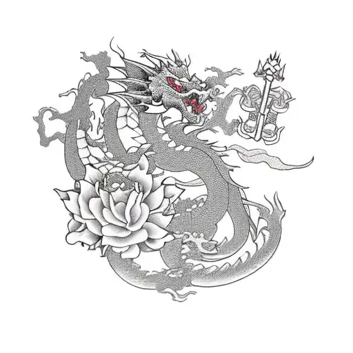 dragon with roses and a sword tattoo design idea