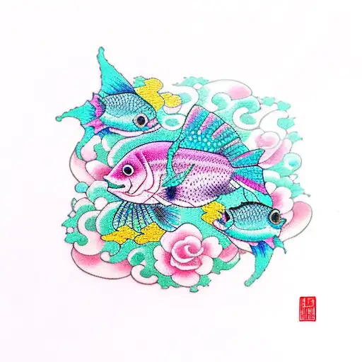 rose hearts flowers turquoise pink title fish sea stars tattoo design idea